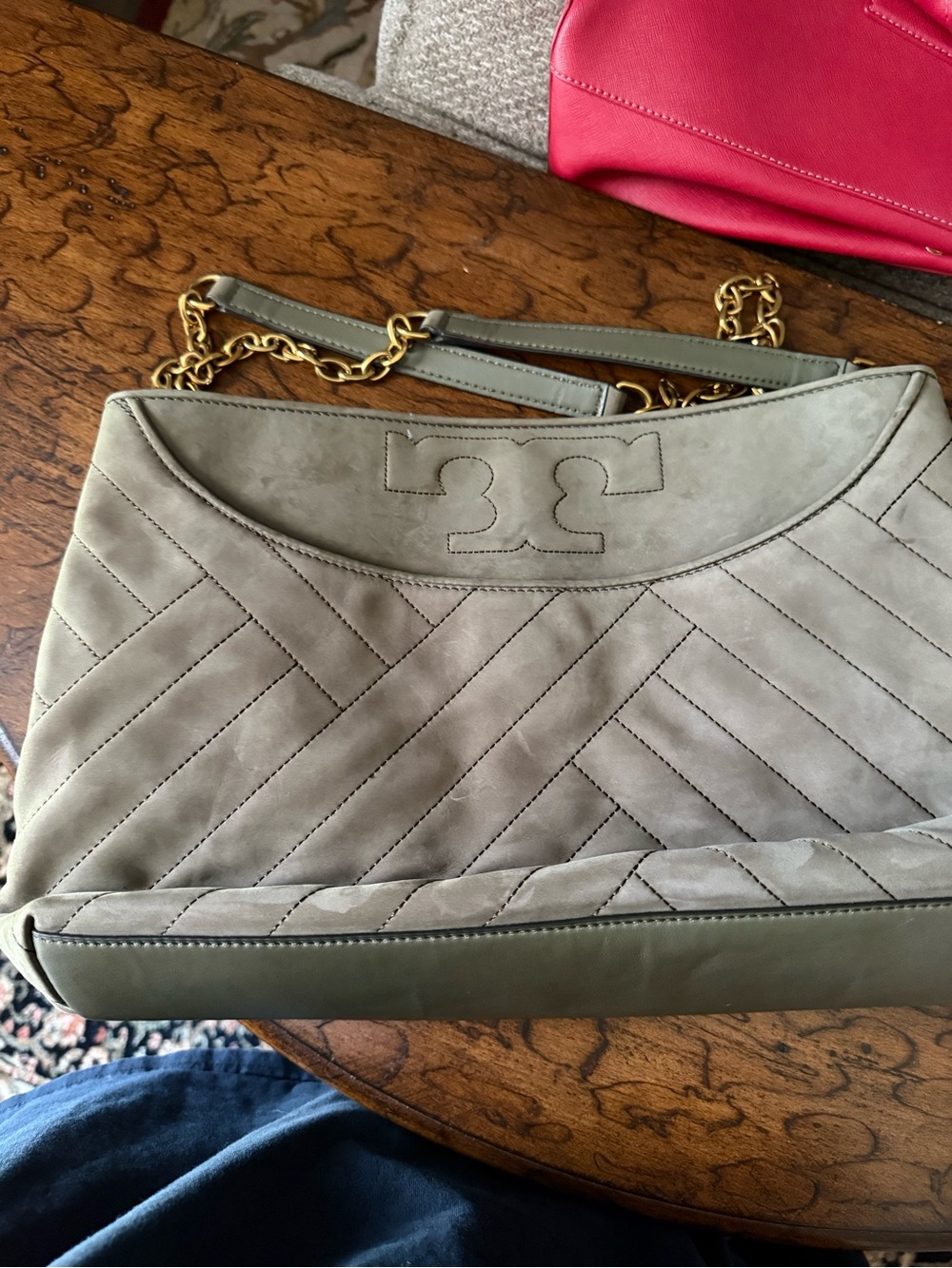Tory Burch Quilted Suede Shoulder Bag in Olive